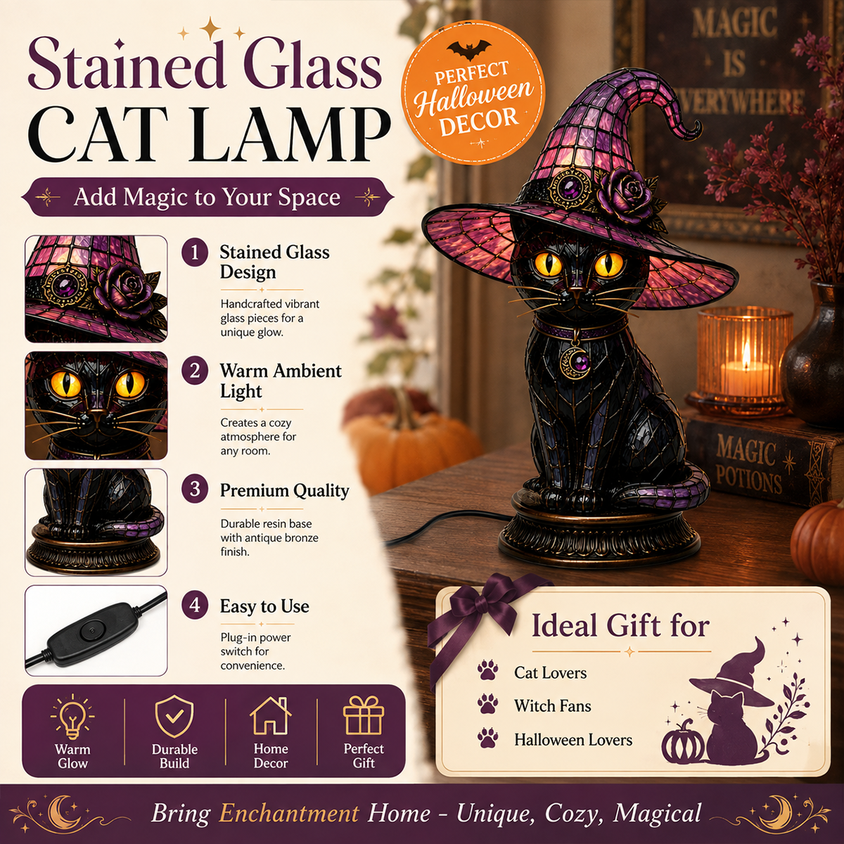 🔥Exclusive Limited Item 🐈 Gothic Stained Glass Witch Black Cat Table Lamp | Halloween Witch Hat Night Light Decor