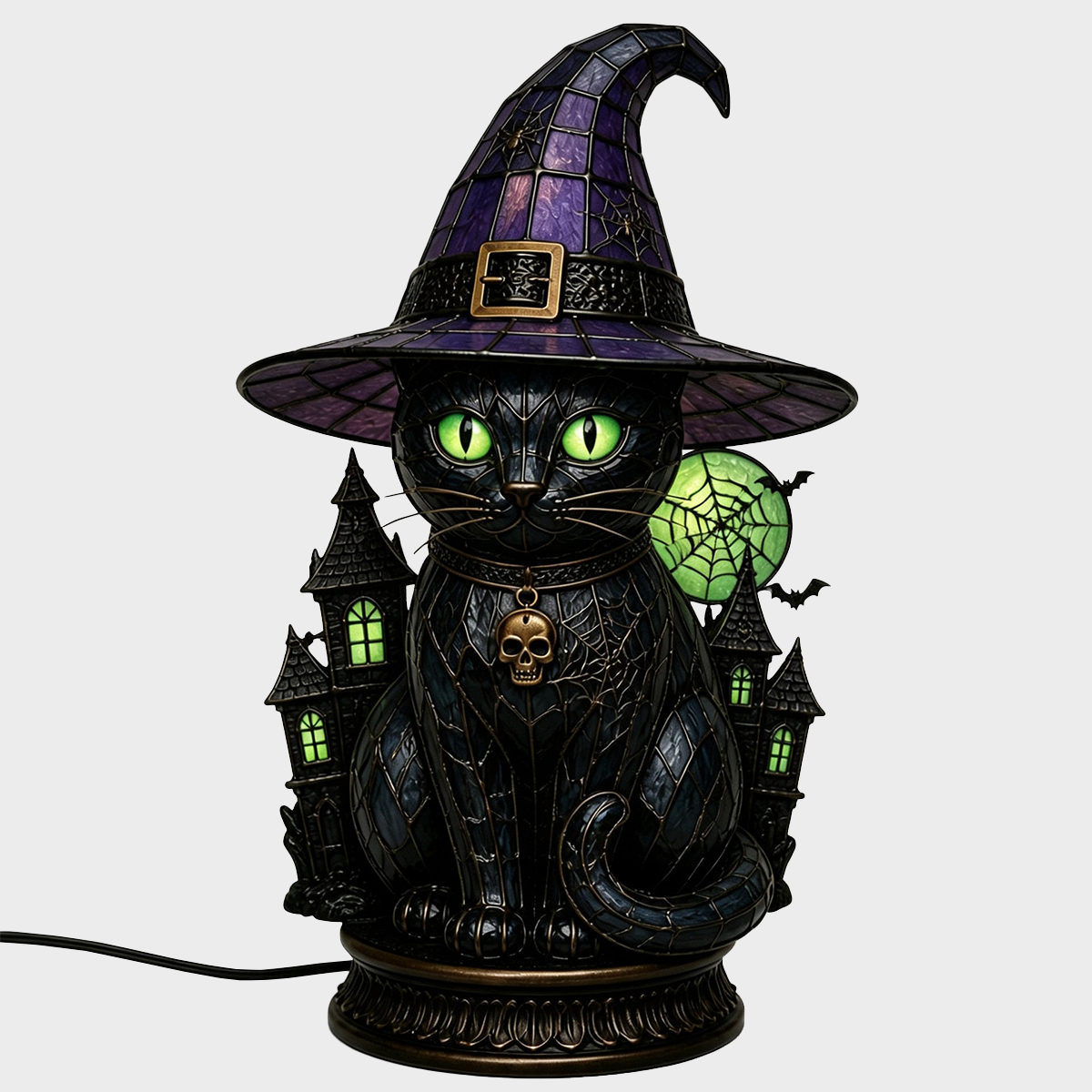 🔥Exclusive Limited Item 🐈 Gothic Stained Glass Witch Black Cat Table Lamp | Halloween Witch Hat Night Light Decor