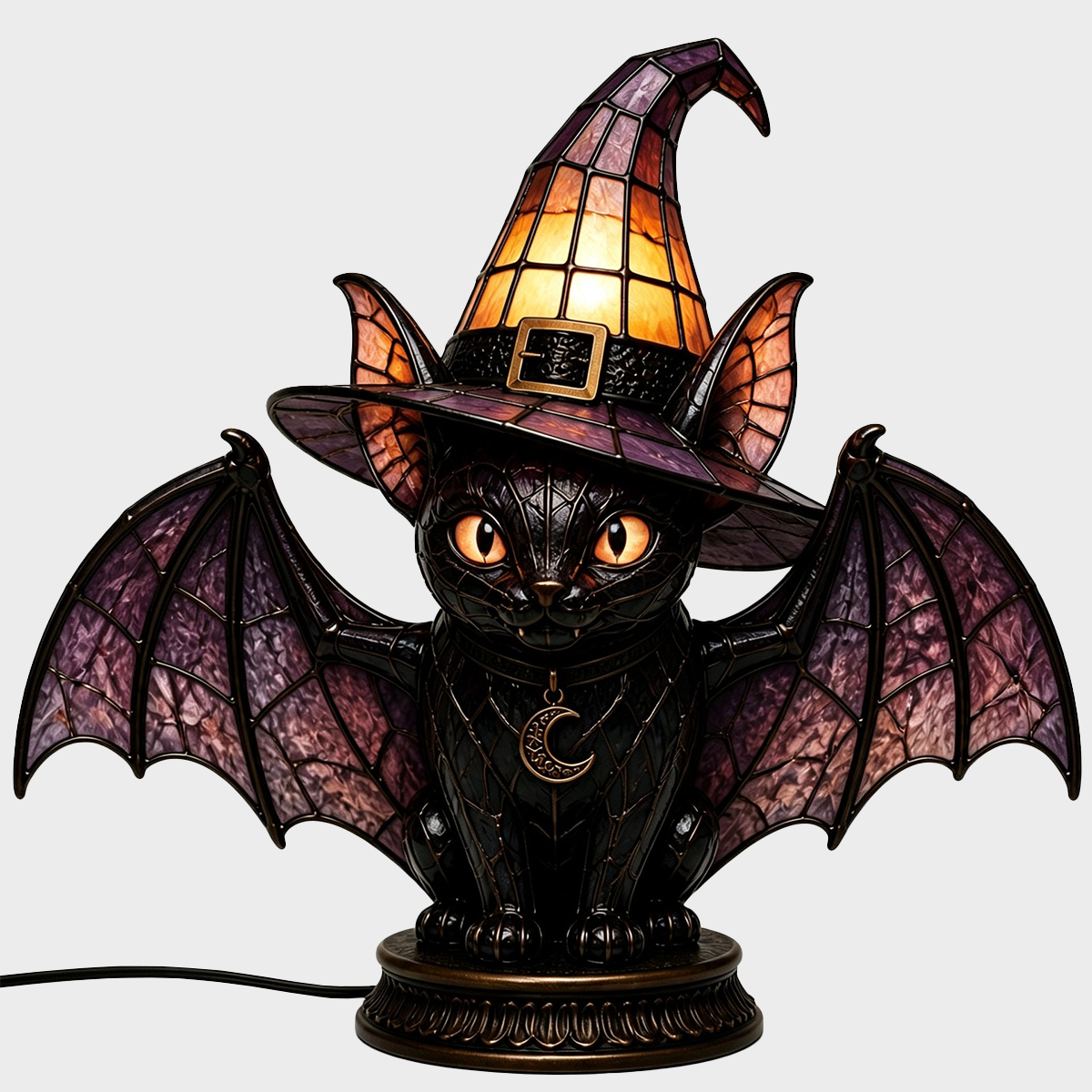 🔥Exclusive Limited Item 🐈 Gothic Stained Glass Witch Black Cat Table Lamp | Halloween Witch Hat Night Light Decor