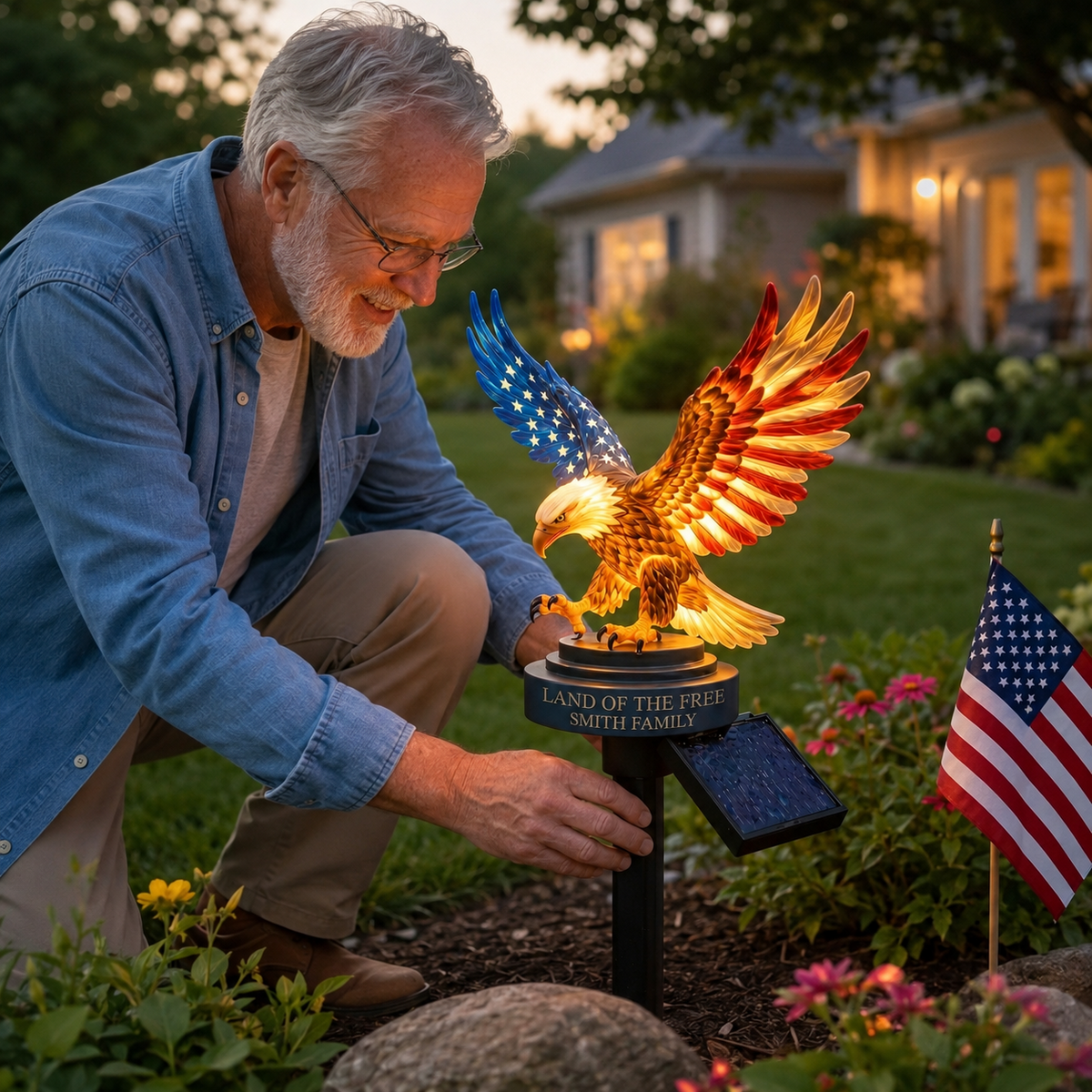 🦅Custom Engraved Bald Eagle Solar Yard Lamp✨ American Freedom Statue